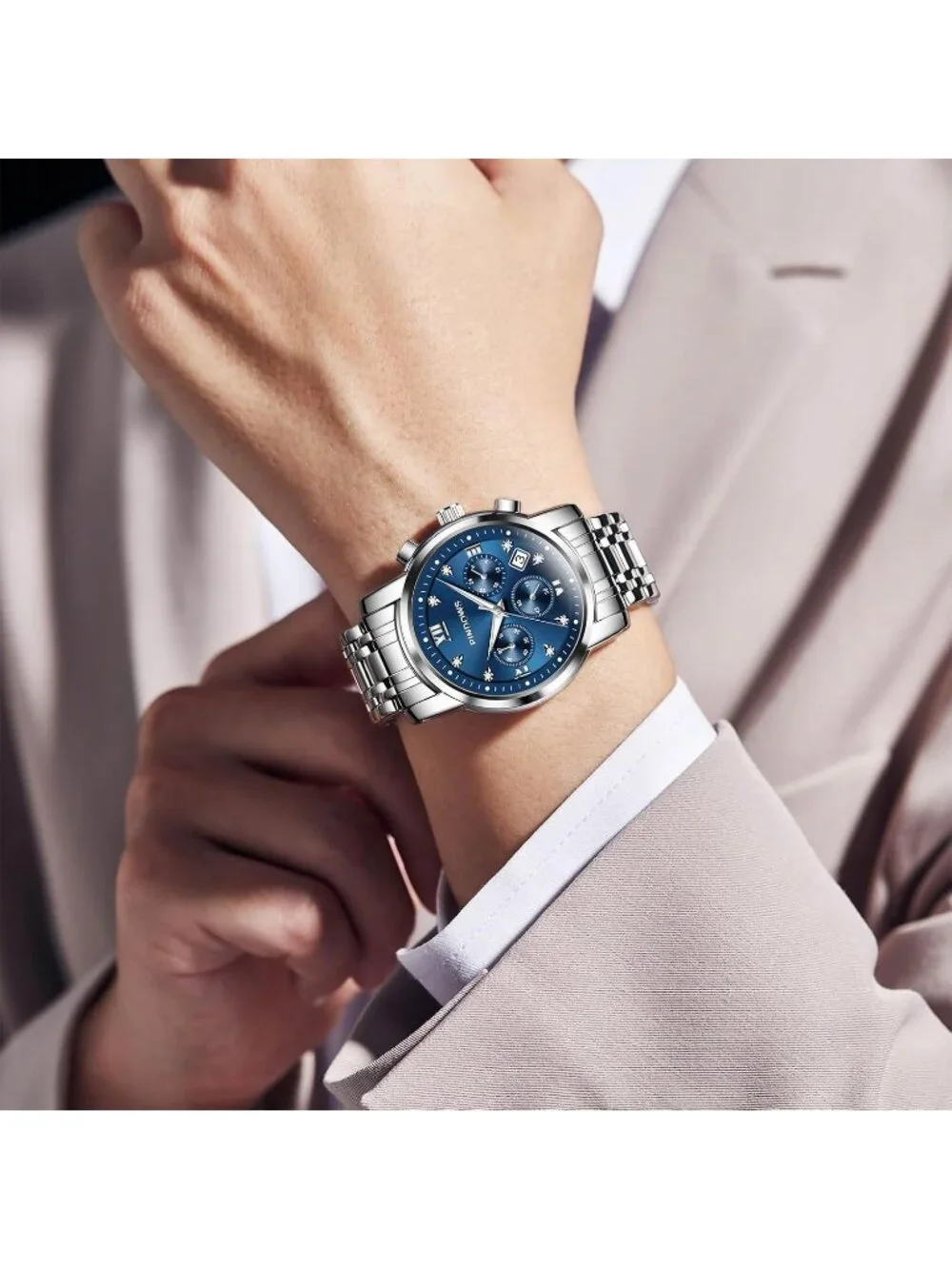 Men's Silver Blue Classic Quartz Watch Stainless Steel Diamond Dial Wrist Watch